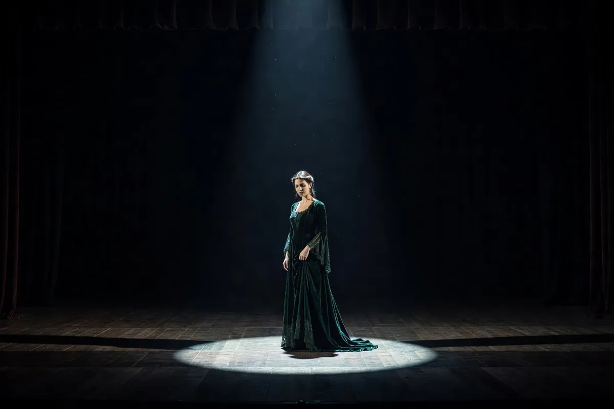 Comédienne en robe d'époque seule sur une scène sombre sous un projecteur