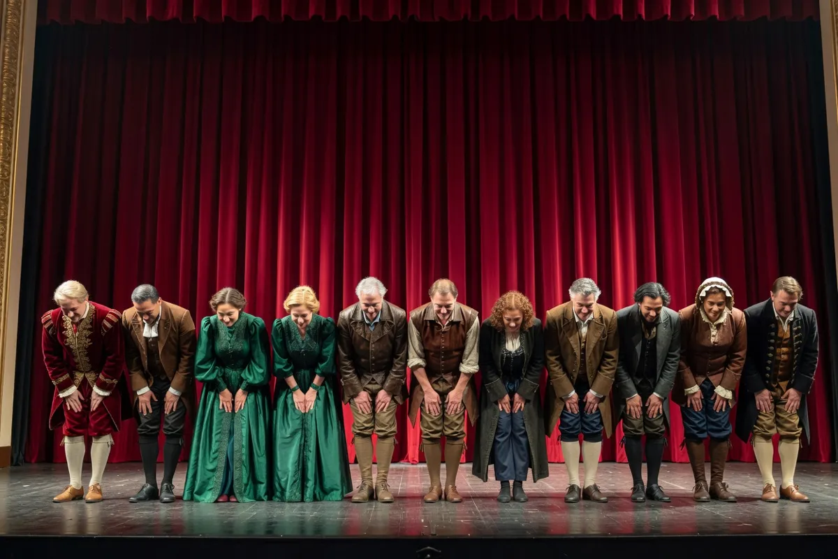 Comédiens en costumes saluant devant un rideau rouge sur une scène de théâtre