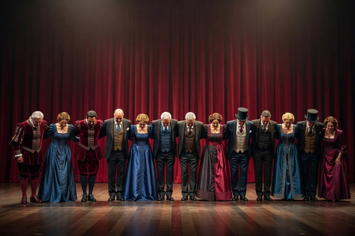 Comédiens en costumes saluant devant un rideau rouge sur une scène de théâtre