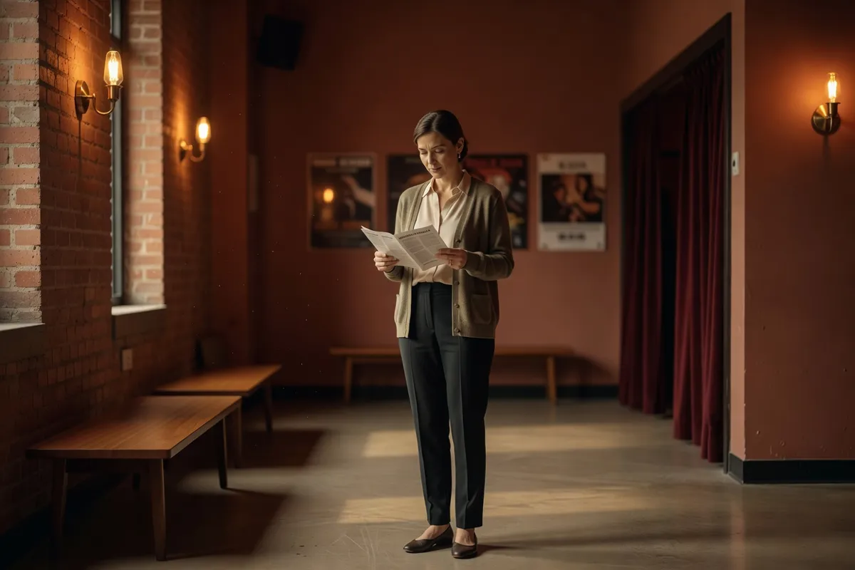 Spectatrice lisant un programme dans le hall d'un cinéma d'art et d'essai