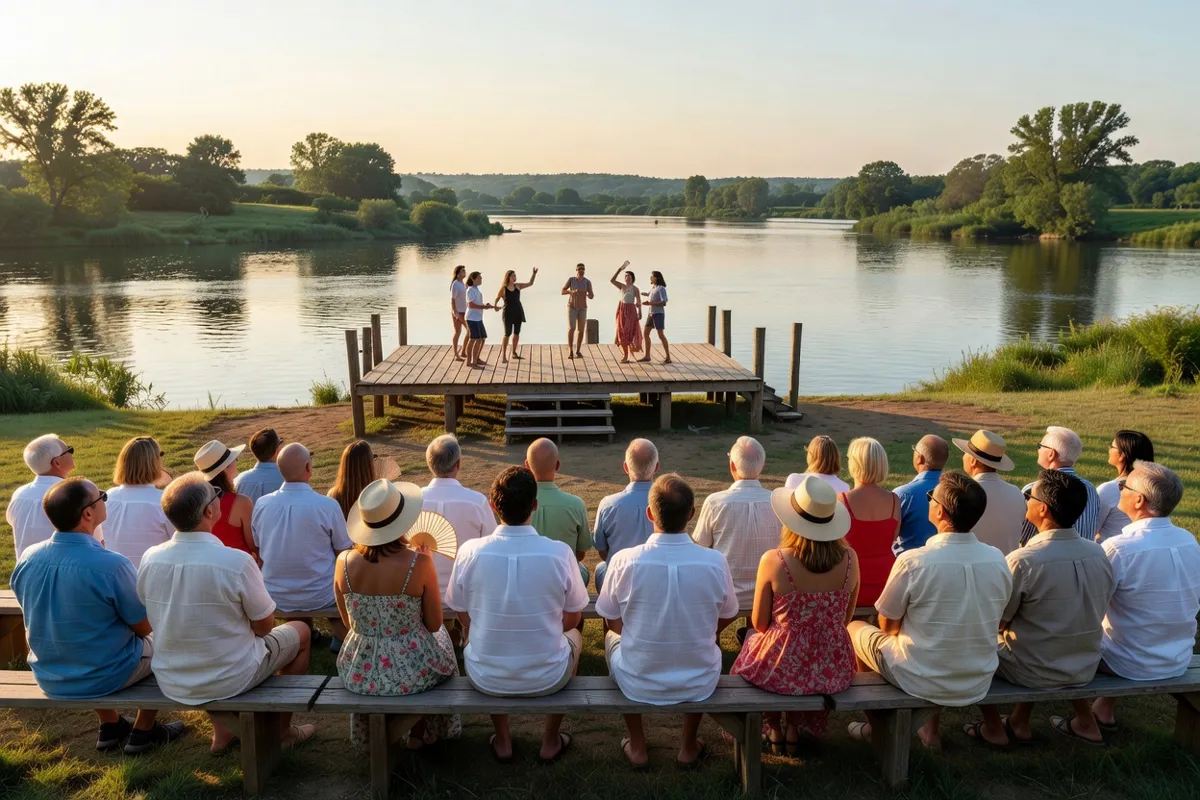 Public adulte assis sur des bancs devant une scène en plein air au bord d'une rivière