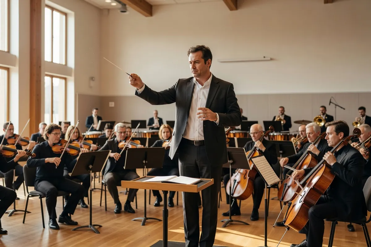 Chef d'orchestre baguette en main répétant avec son orchestre dans une salle de répétition
