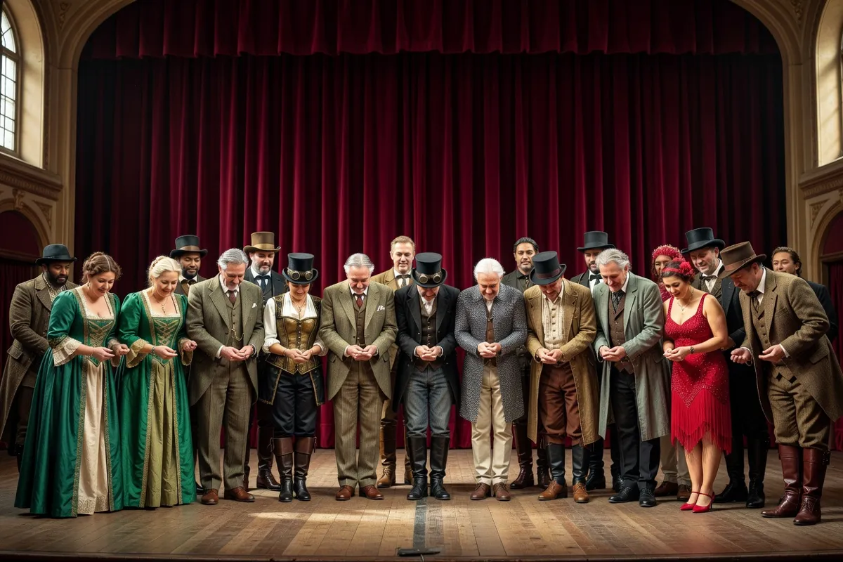 Comédiens en costumes saluant devant un rideau rouge sur une scène de théâtre