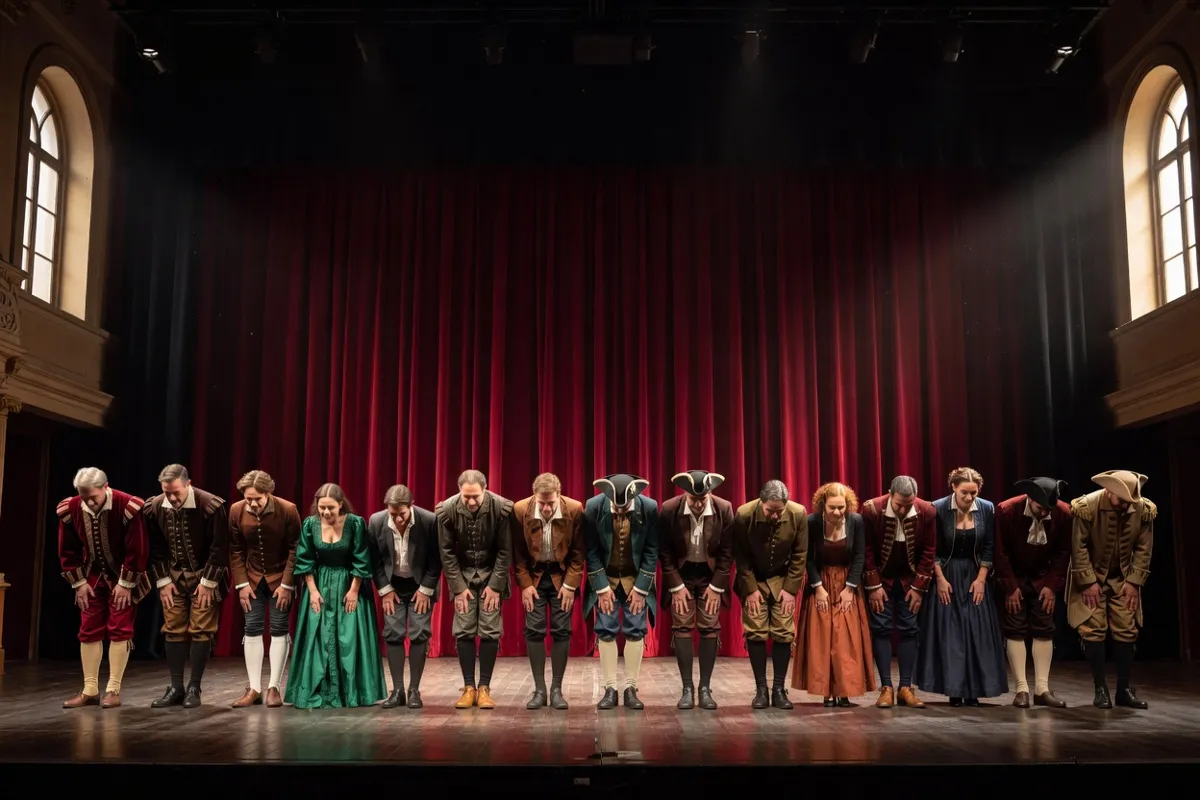 Comédiens en costumes saluant devant un rideau rouge sur une scène de théâtre