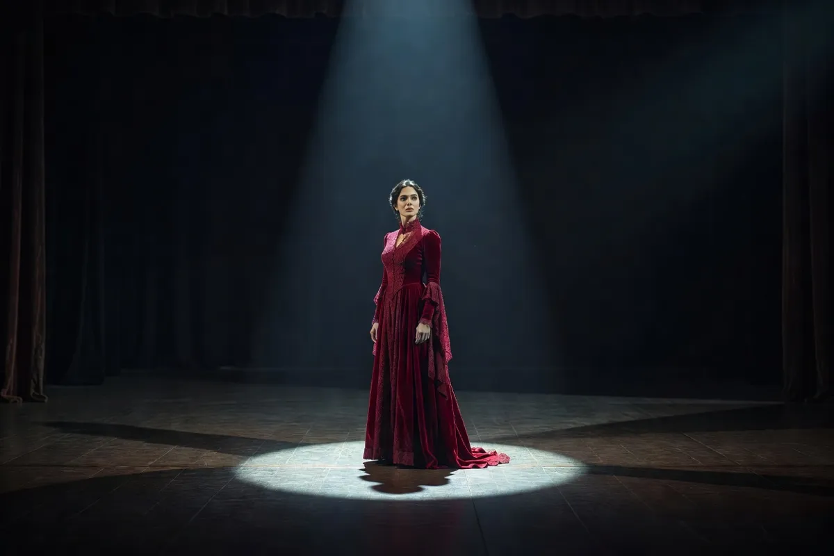 Comédienne en robe d'époque seule sur une scène sombre sous un projecteur