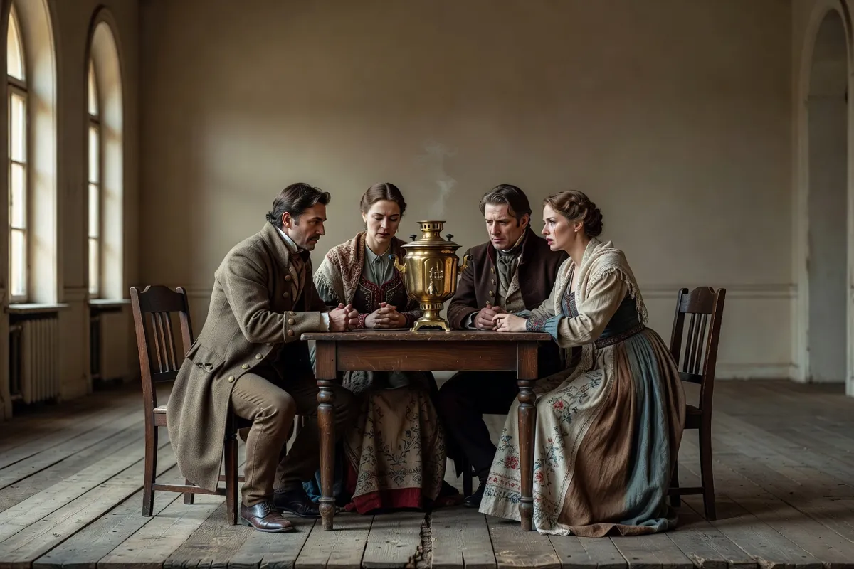 Comédiens en costumes du XIXe siècle autour d'un samovar sur une scène de théâtre