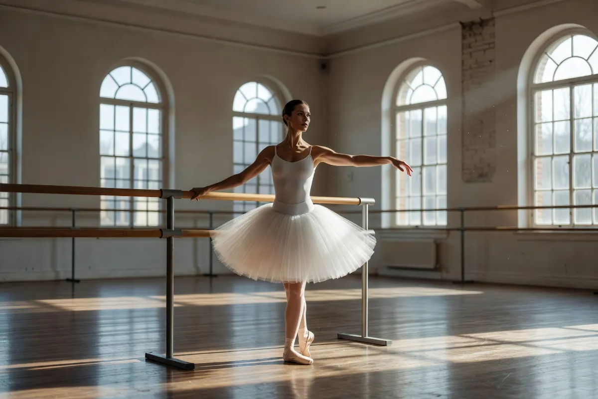 Danseuse en tutu blanc répétant à la barre dans un studio lumineux