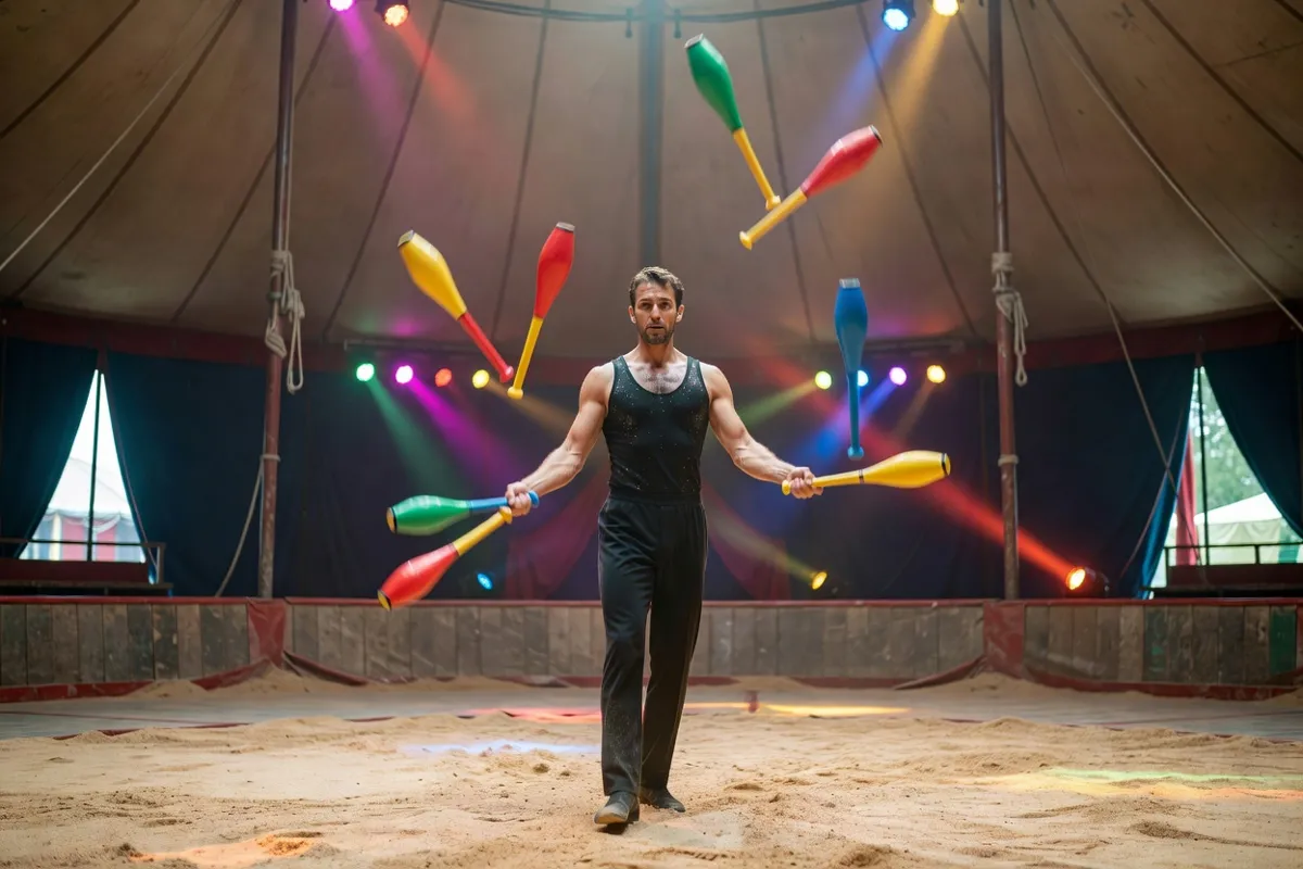 Jongleur sur la piste d'un cirque aux lumières colorées