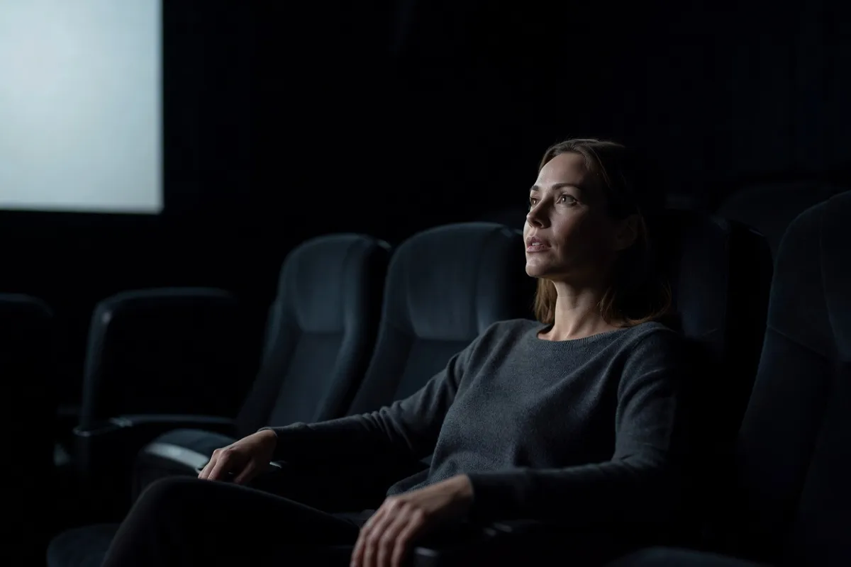 Spectatrice dans une salle de cinéma obscure, visage éclairé par l'écran