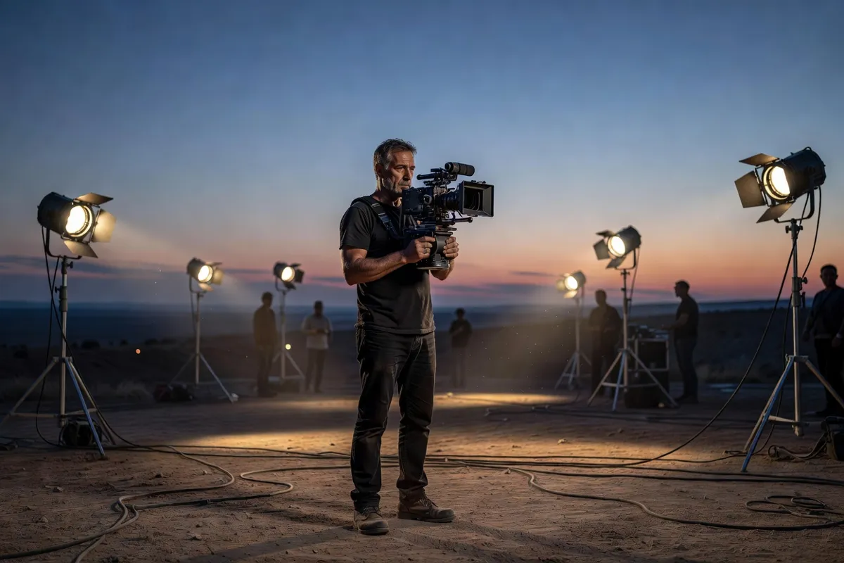 Réalisateur avec une caméra sur un plateau de tournage au crépuscule