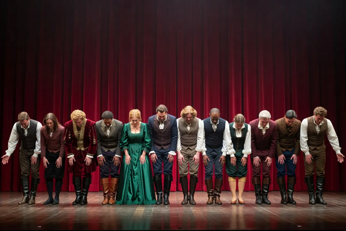 Comédiens en costumes saluant devant un rideau rouge sur une scène de théâtre