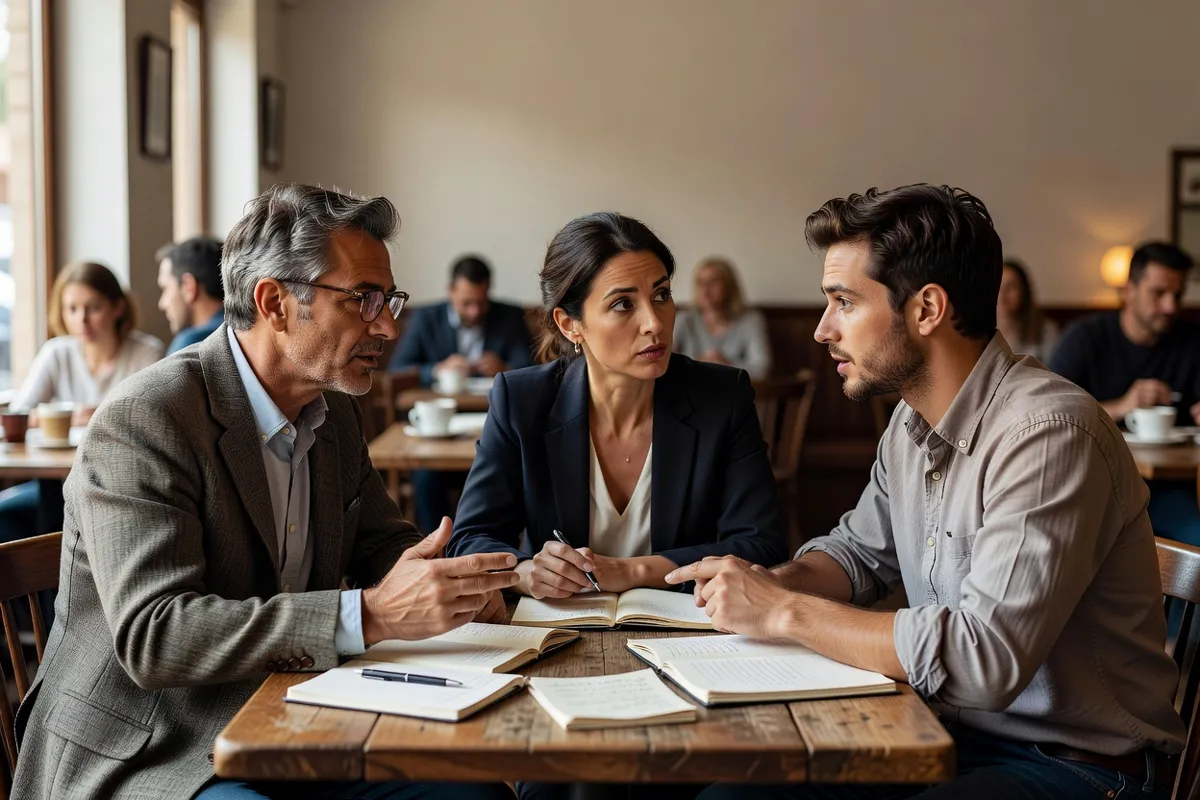 Critiques de cinéma discutant dans un café après une projection, carnets sur la table