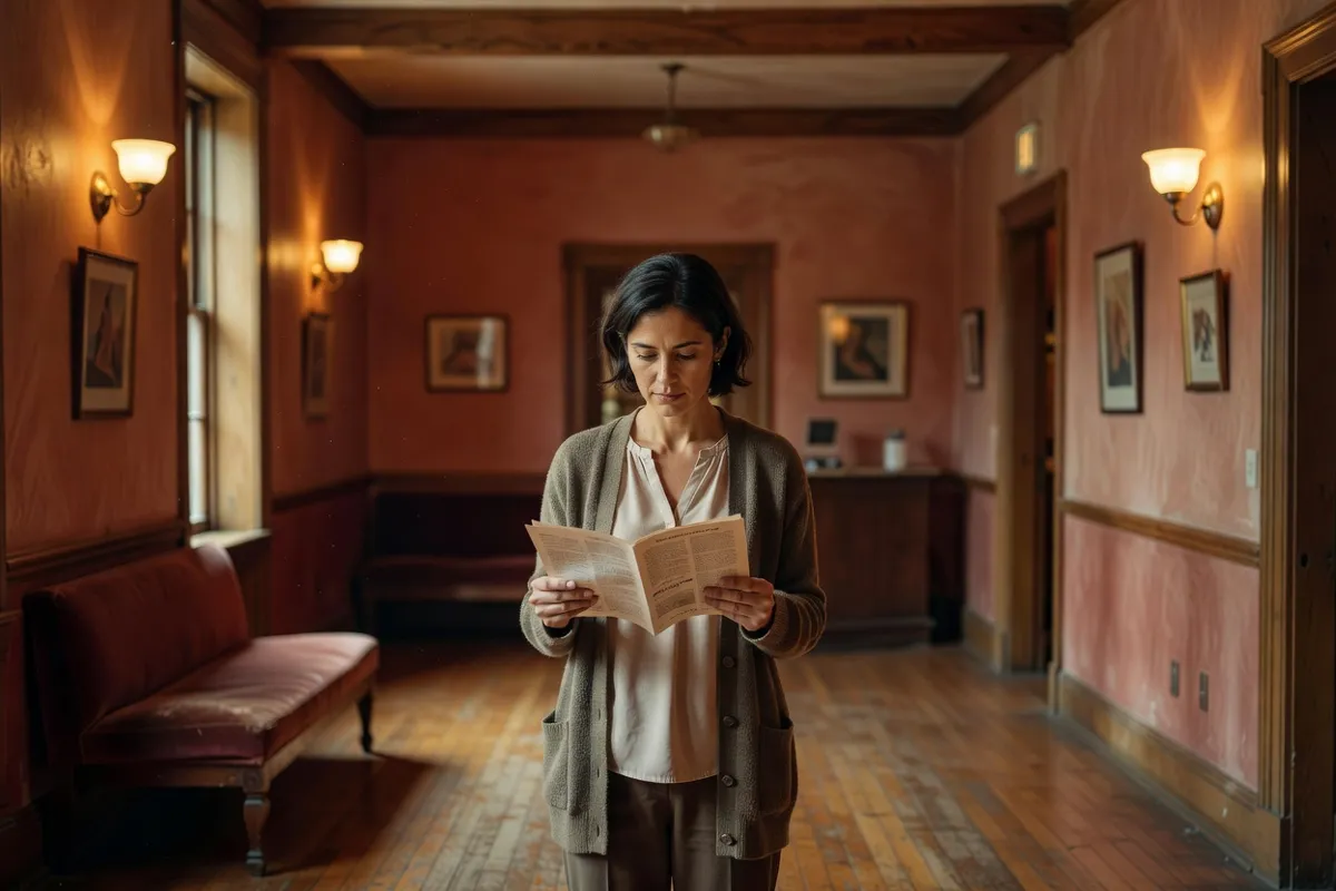 Spectatrice lisant un programme dans le hall d'un cinéma d'art et d'essai