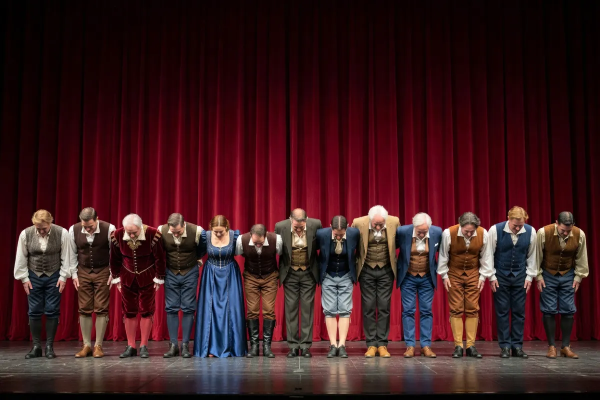 Comédiens en costumes saluant devant un rideau rouge sur une scène de théâtre