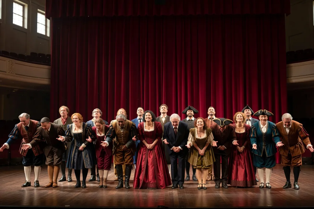 Comédiens en costumes saluant devant un rideau rouge sur une scène de théâtre
