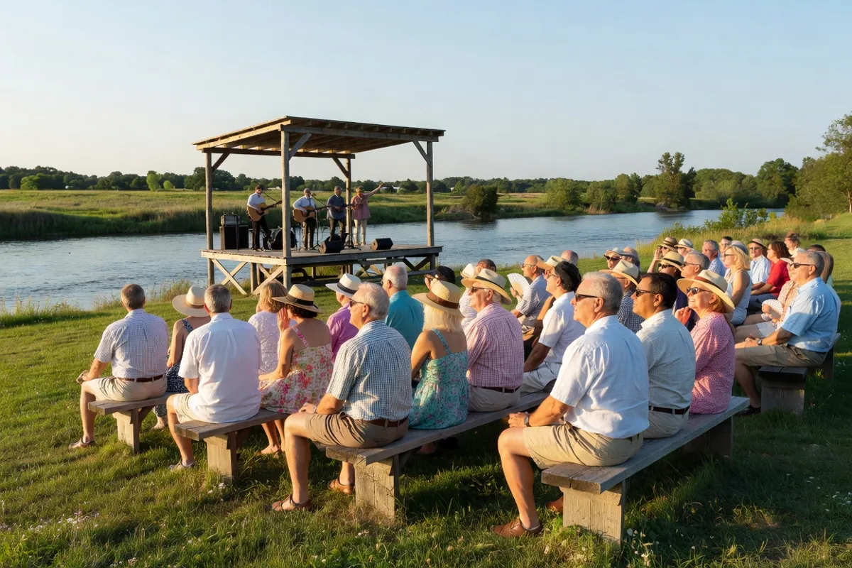 Public adulte assis sur des bancs devant une scène en plein air au bord d'une rivière
