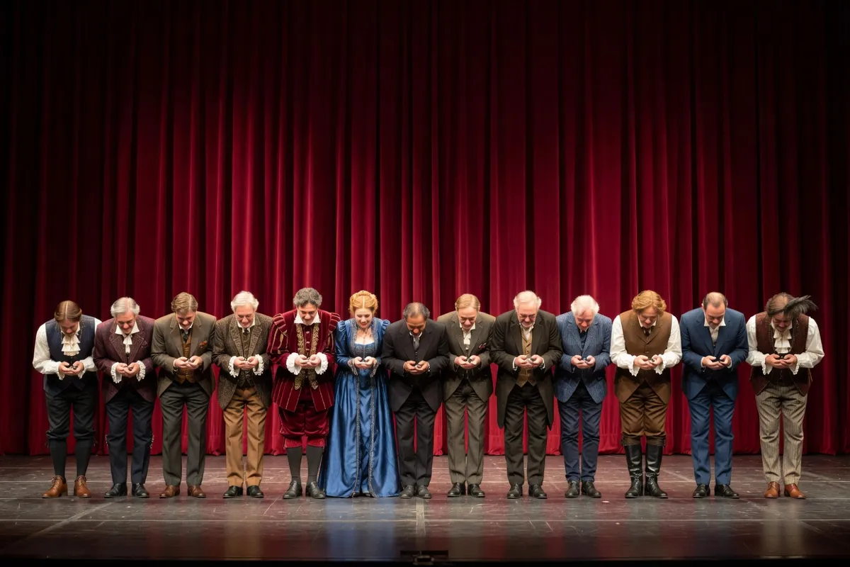 Comédiens en costumes saluant devant un rideau rouge sur une scène de théâtre