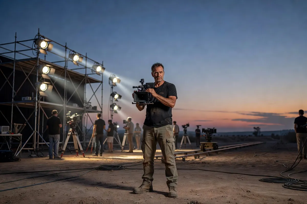 Réalisateur avec une caméra sur un plateau de tournage au crépuscule