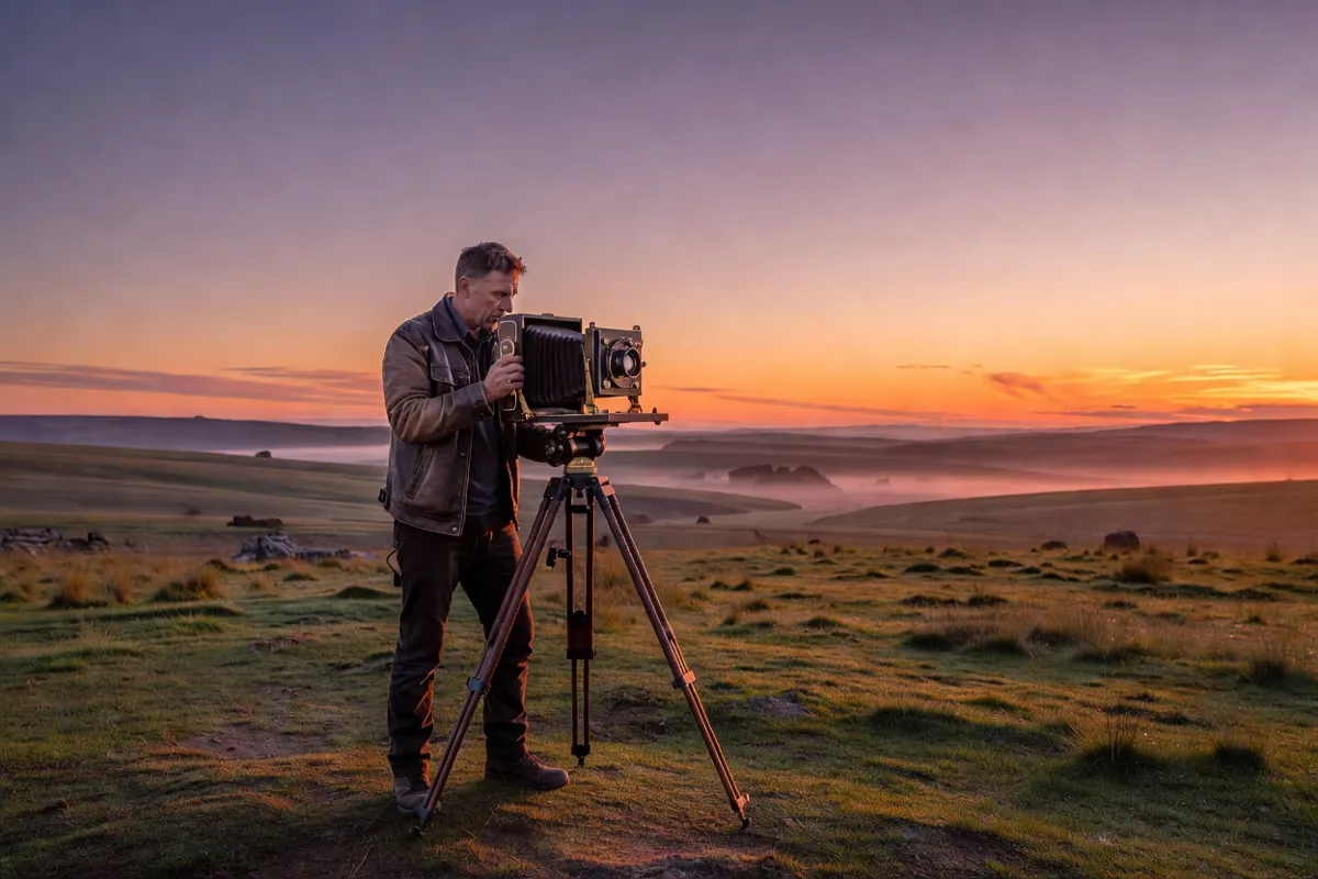 Photographe avec un appareil ancien sur trépied dans un paysage au lever du jour