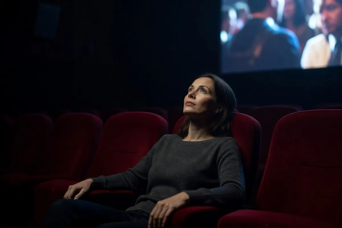 Spectatrice dans une salle de cinéma obscure, visage éclairé par l'écran