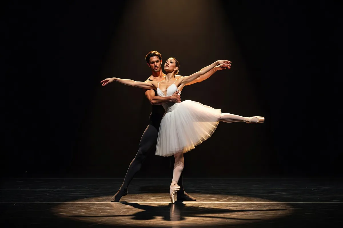 Couple de danseurs exécutant un pas de deux sous un projecteur chaud