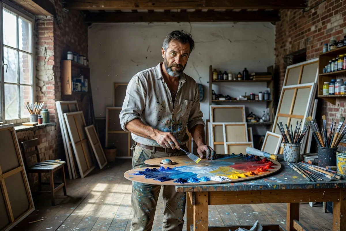 Peintre mélangeant des couleurs sur sa palette dans un atelier rustique éclairé au nord