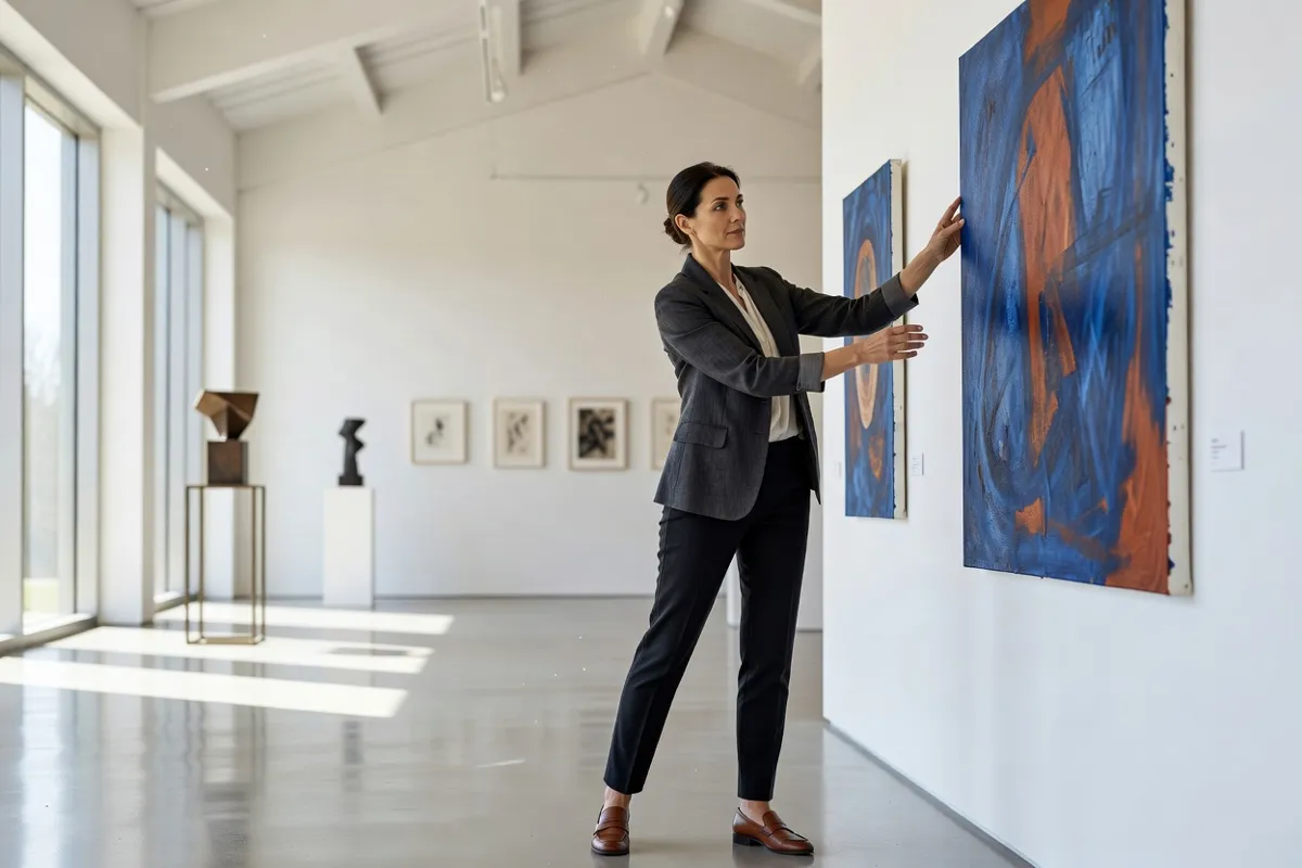 Galeriste installant des pièces dans un espace d'exposition lumineux