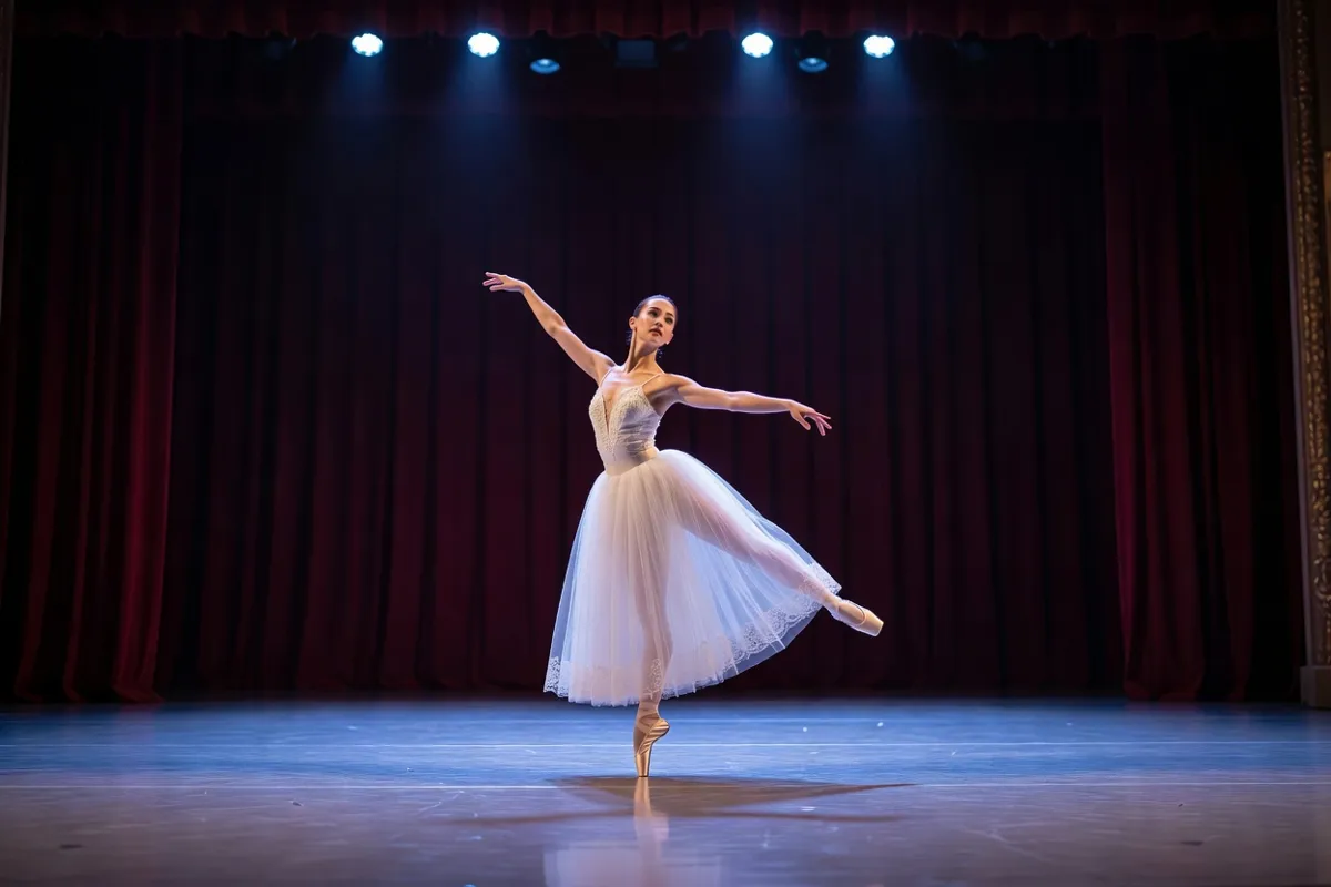 Danseuse en tutu romantique sur une scène de théâtre sous une lumière bleutée