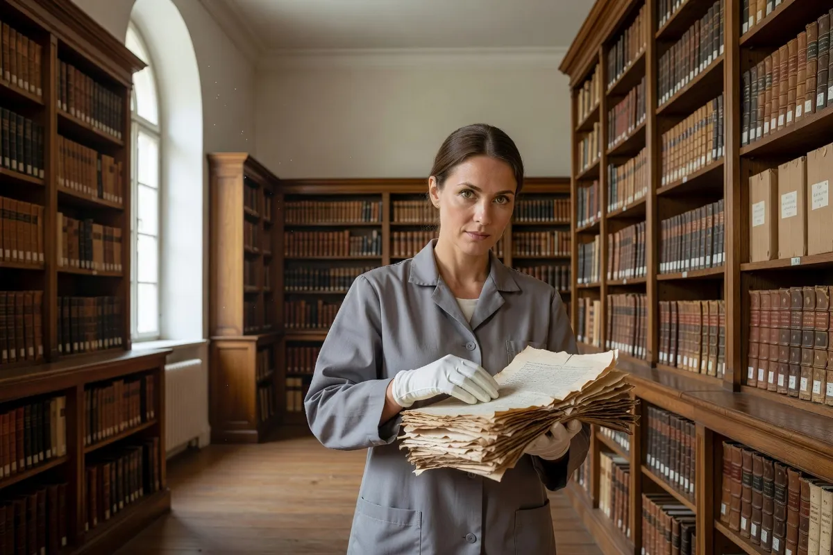 Archiviste gantée de blanc manipulant des documents anciens dans une salle d'archives