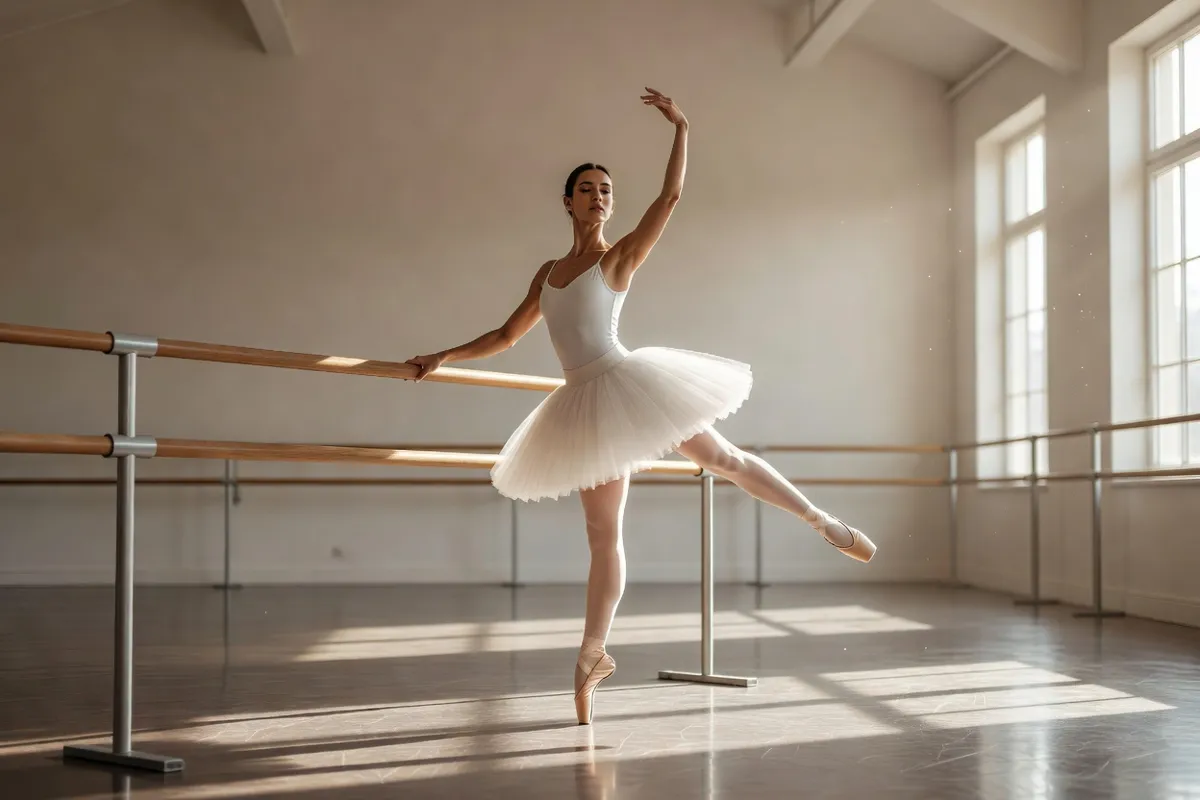 Danseuse en tutu blanc répétant à la barre dans un studio lumineux