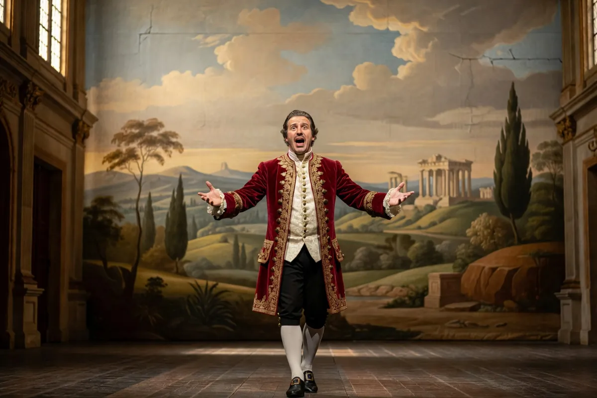 Chanteur d'opéra en costume historique sur une scène au décor peint