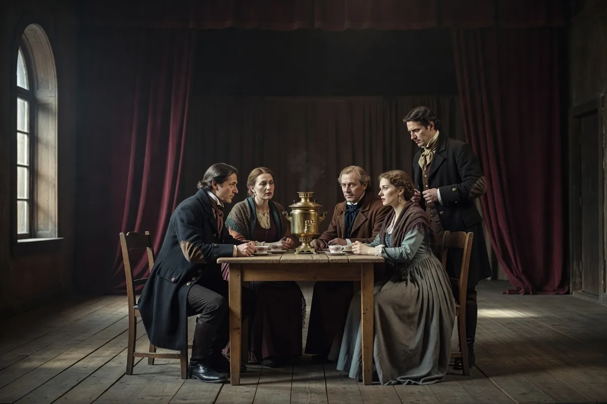 Comédiens en costumes du XIXe siècle autour d'un samovar sur une scène de théâtre
