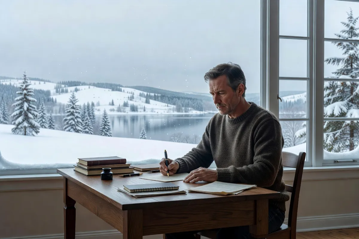 Écrivain écrivant à la plume à son bureau devant une fenêtre sur la neige