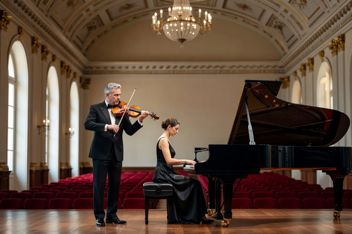 Violoniste et pianiste en duo dans une salle de récital