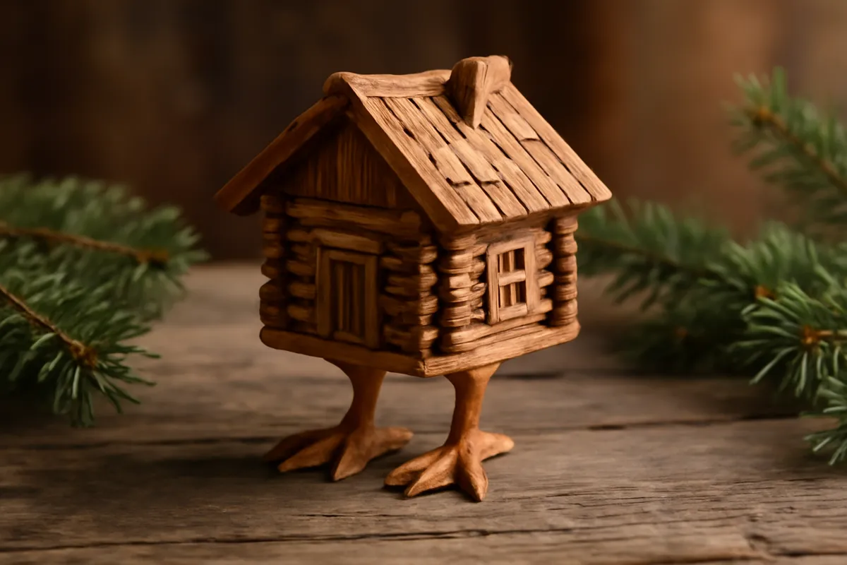 Petite maison de bois sculptée sur des pattes de poule, maquette artisanale posée sur une table de bois