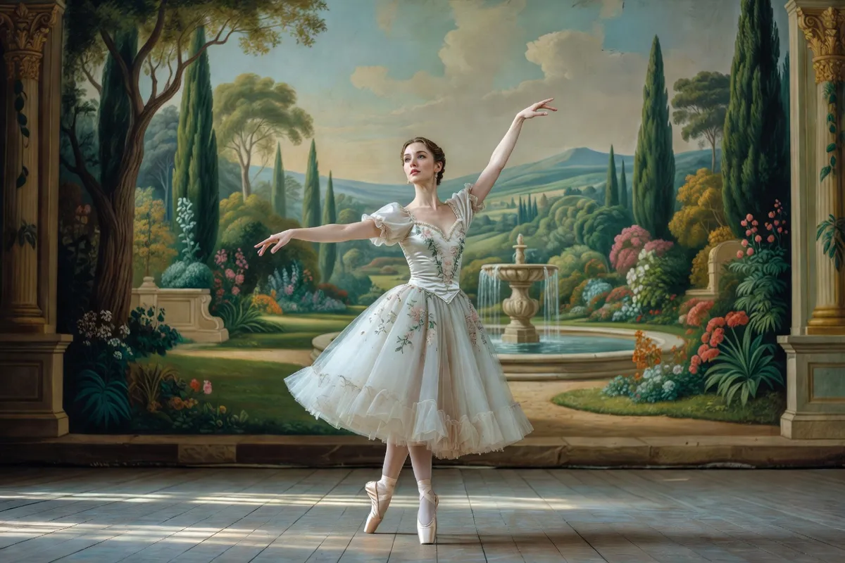 Danseuse en costume de scène du début du XXe siècle devant un décor peint