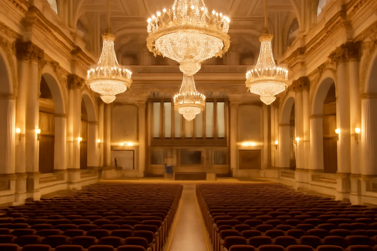 Intérieur d'un grand conservatoire russe, salle de concert vide aux dorures et lustres