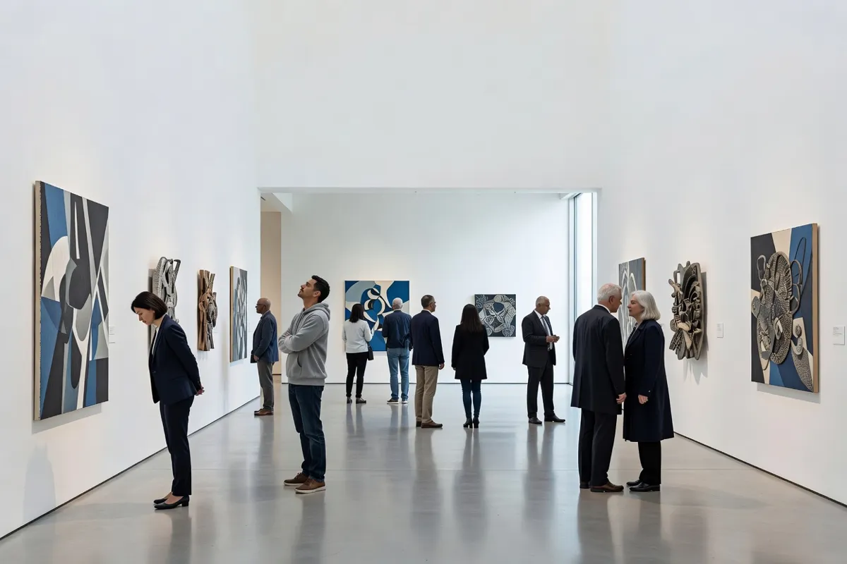 Visiteurs dans un hall de musée moderne regardant des œuvres sur des murs blancs