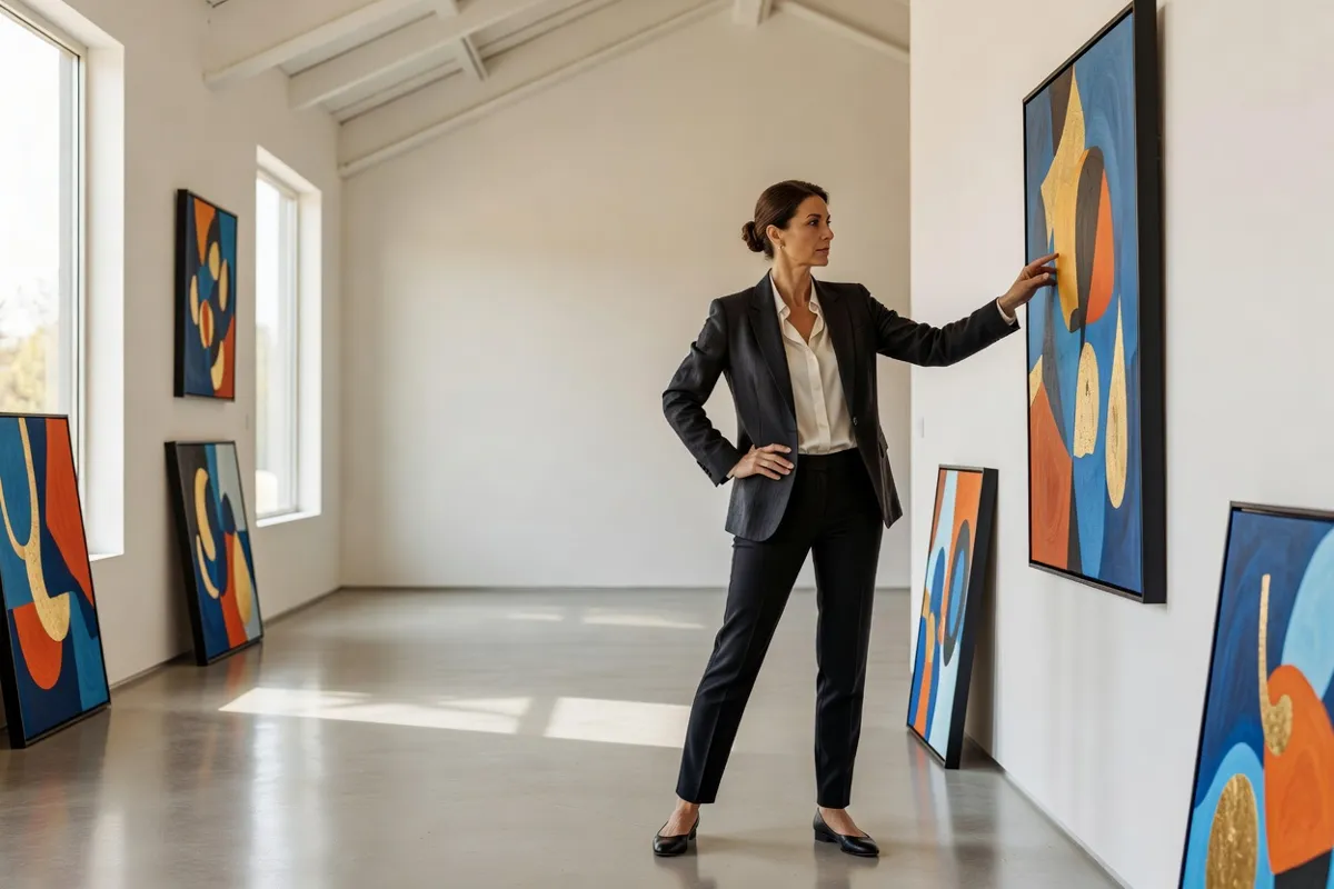 Galeriste installant des pièces dans un espace d'exposition lumineux