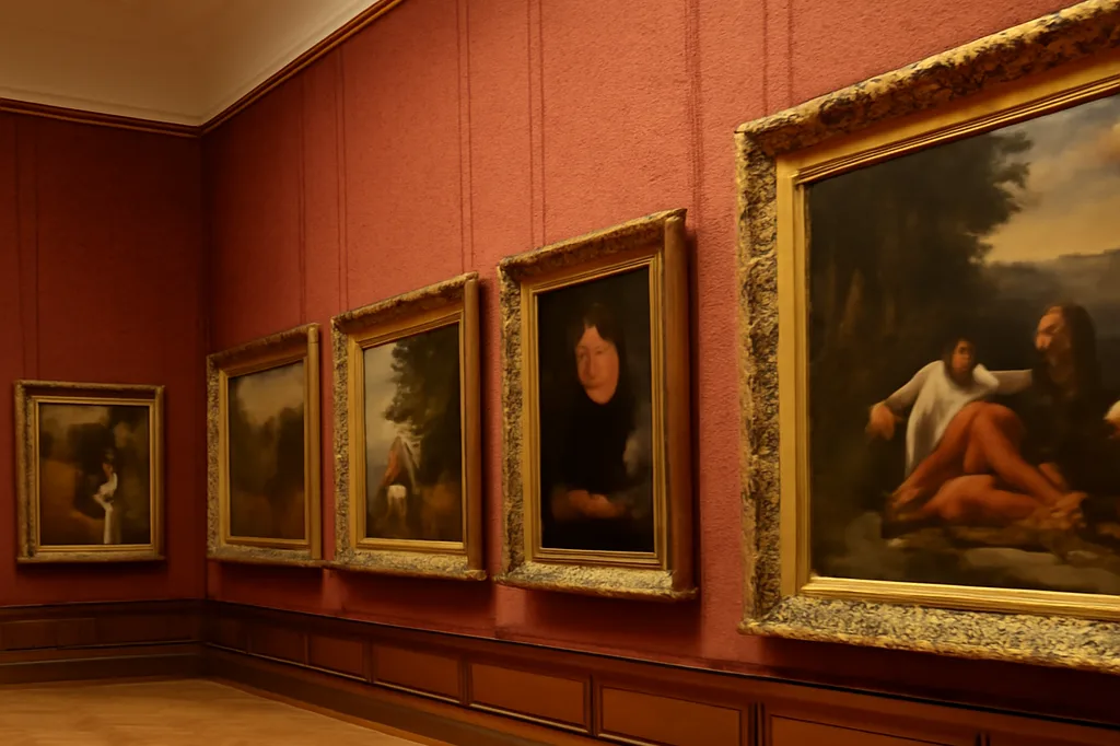 Grande salle d'exposition de peinture russe classique avec cadres dorés et parquet ancien