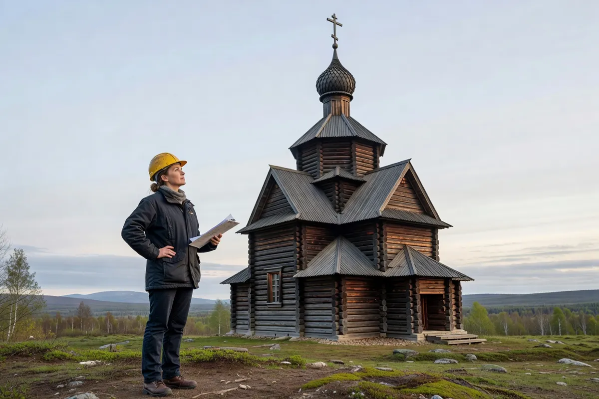 Architecte casquée inspectant une église de bois dans un paysage du Nord