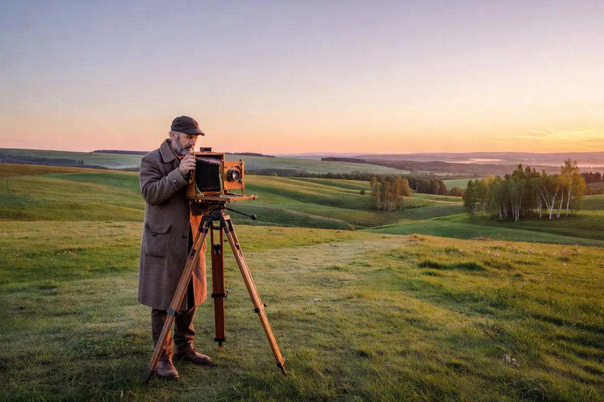 Photographe et son appareil ancien sur trépied dans la campagne au lever du jour