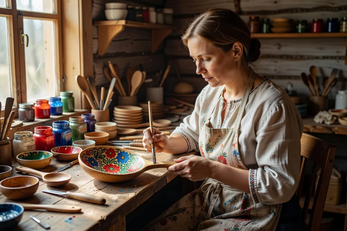 Artisane peignant un motif floral sur une cuillère de bois dans un atelier d'artisanat