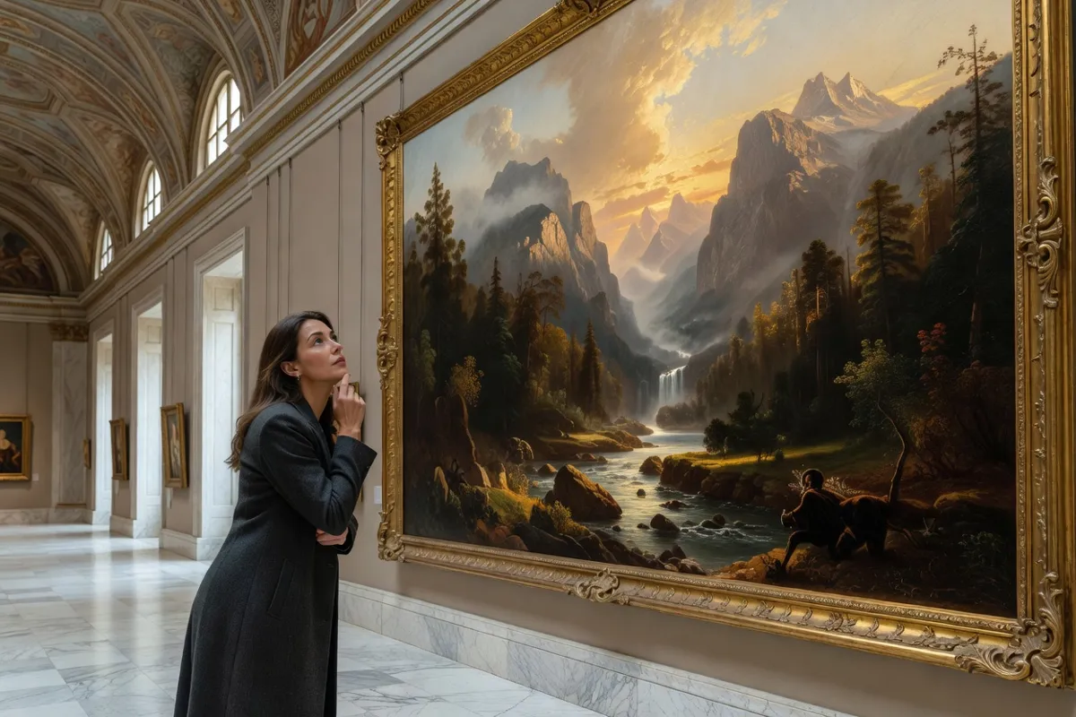 Visiteuse devant un grand paysage réaliste dans une galerie de musée classique