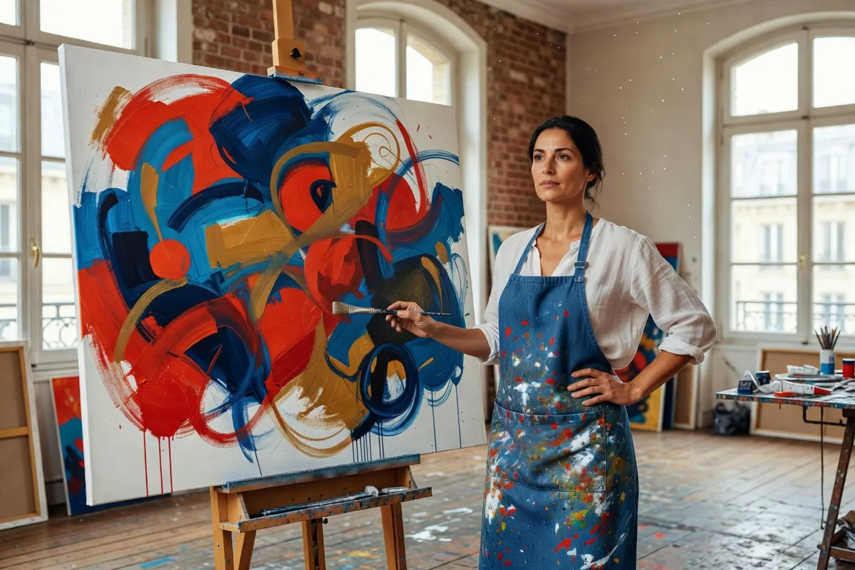 Peintre dans son atelier lumineux devant une grande toile abstraite