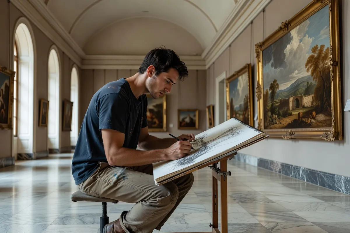 Étudiant en art copiant un paysage dans une galerie de musée