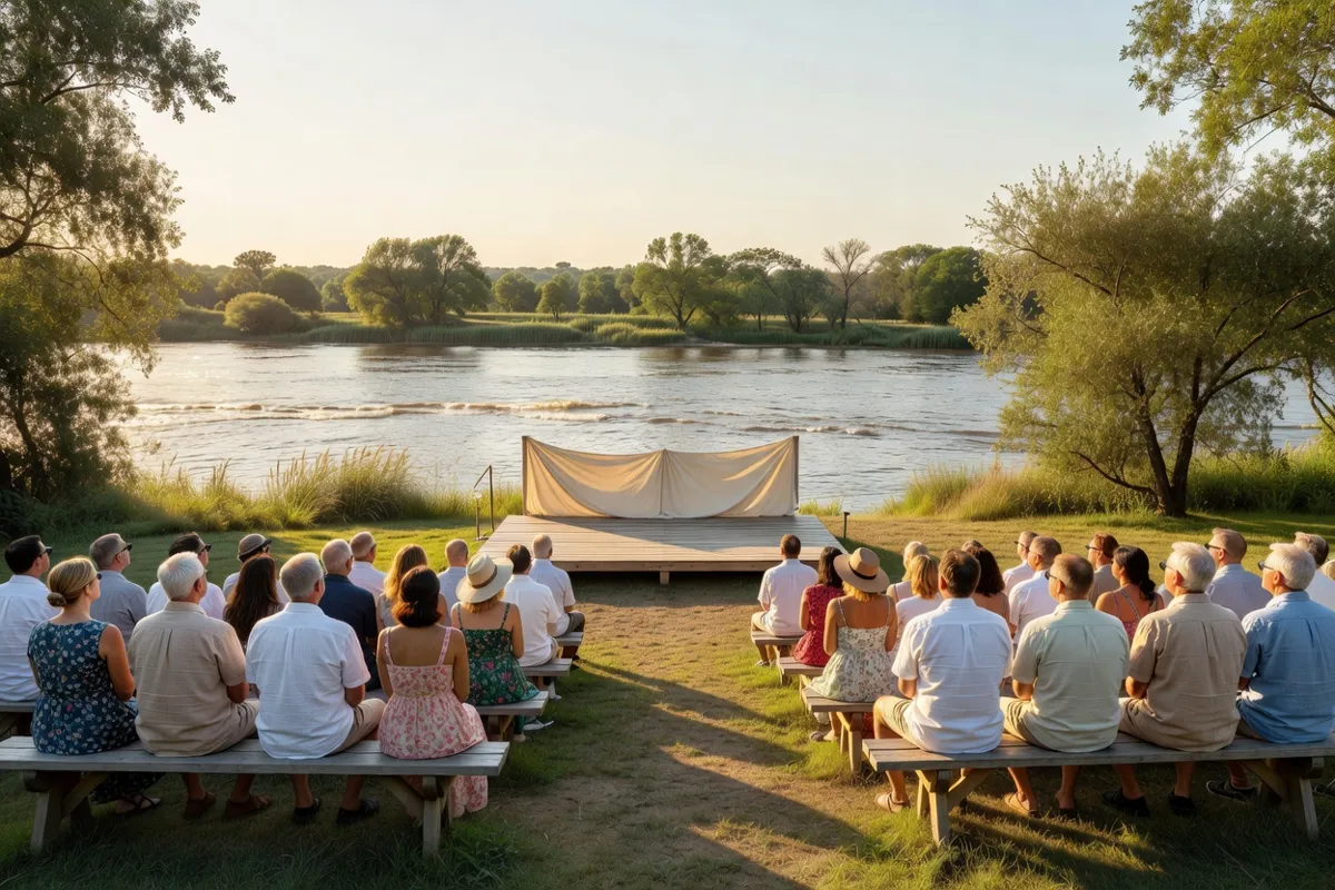 Public adulte assis sur des bancs devant une scène en plein air au bord d'une rivière