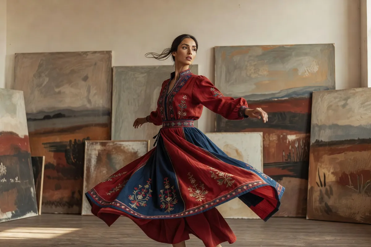 Danseuse en robe fluide saisie en plein tour dans un atelier aux murs couverts de toiles