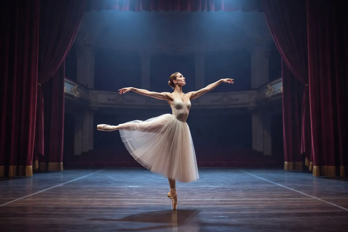 Danseuse en tutu romantique sur une scène de théâtre sous une lumière bleutée