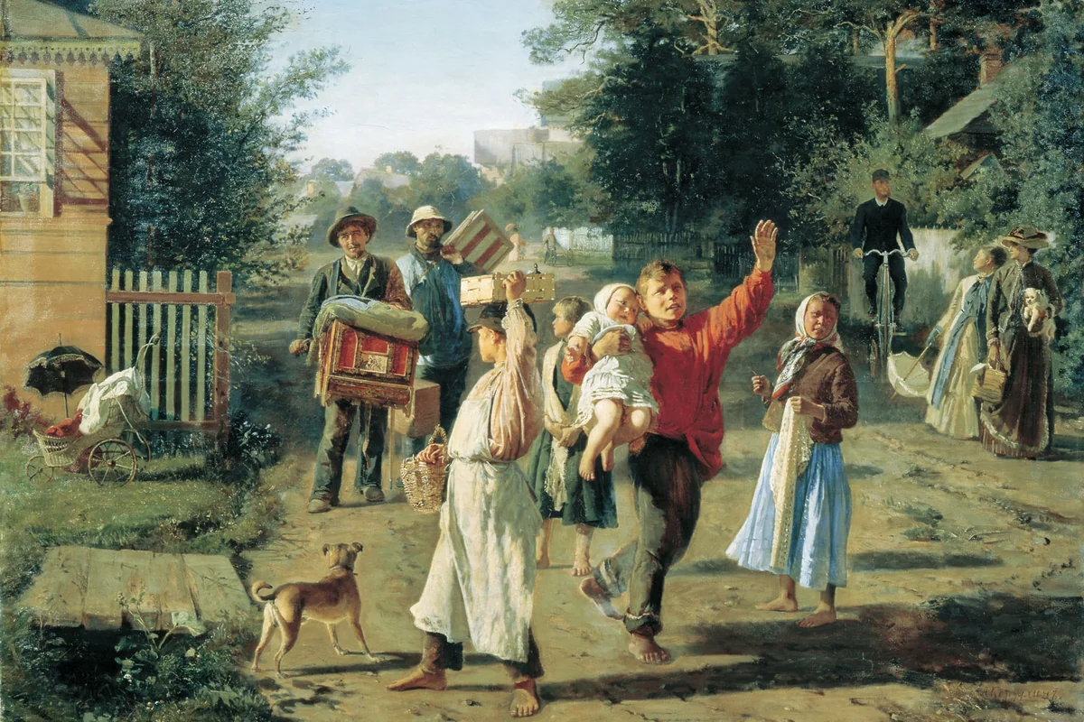 Peinture d'Alexeï Korzoukhine montrant un montreur ambulant de théâtre Petrouchka en Russie au XIXe siècle